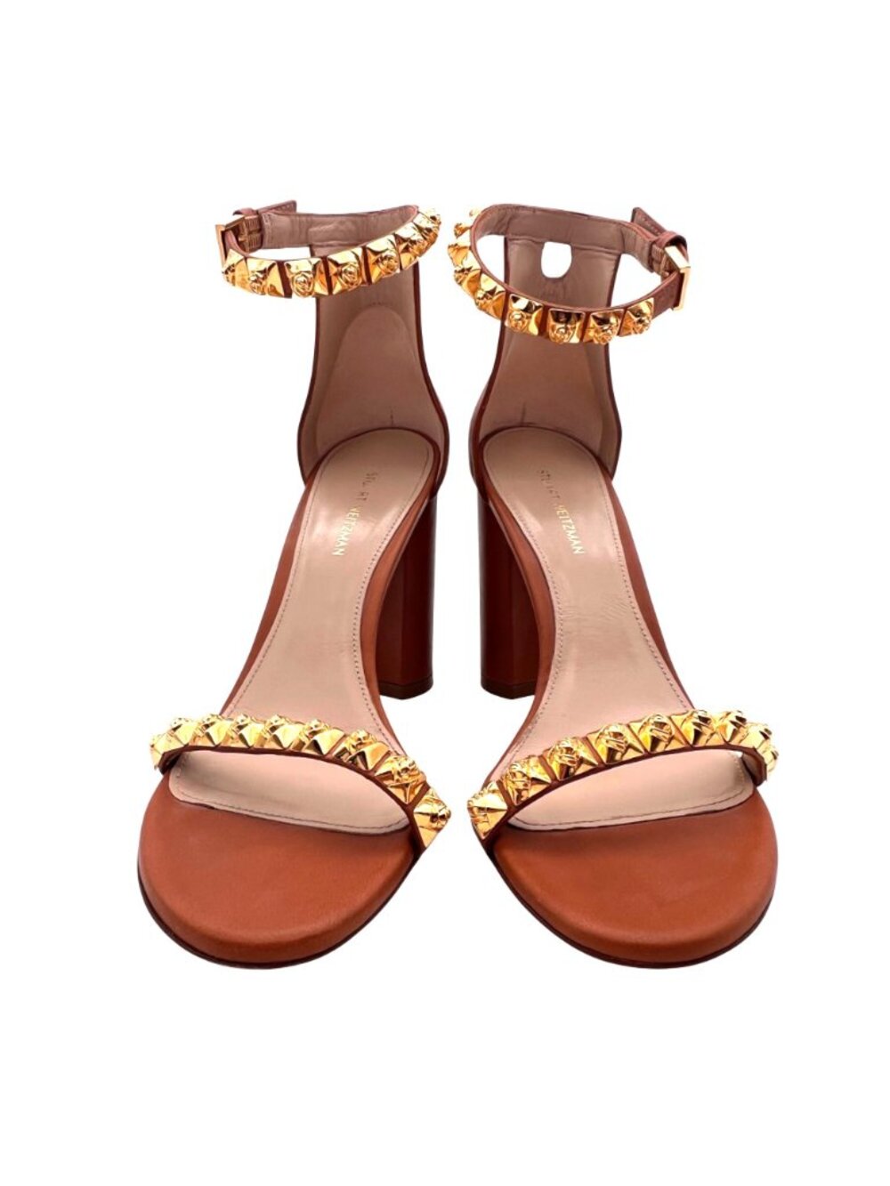 Stuart Weitzman Rosemarie Cognac Gold Stud Block Heels Ankle Strap 7.5B Spain - Picture 7 of 16